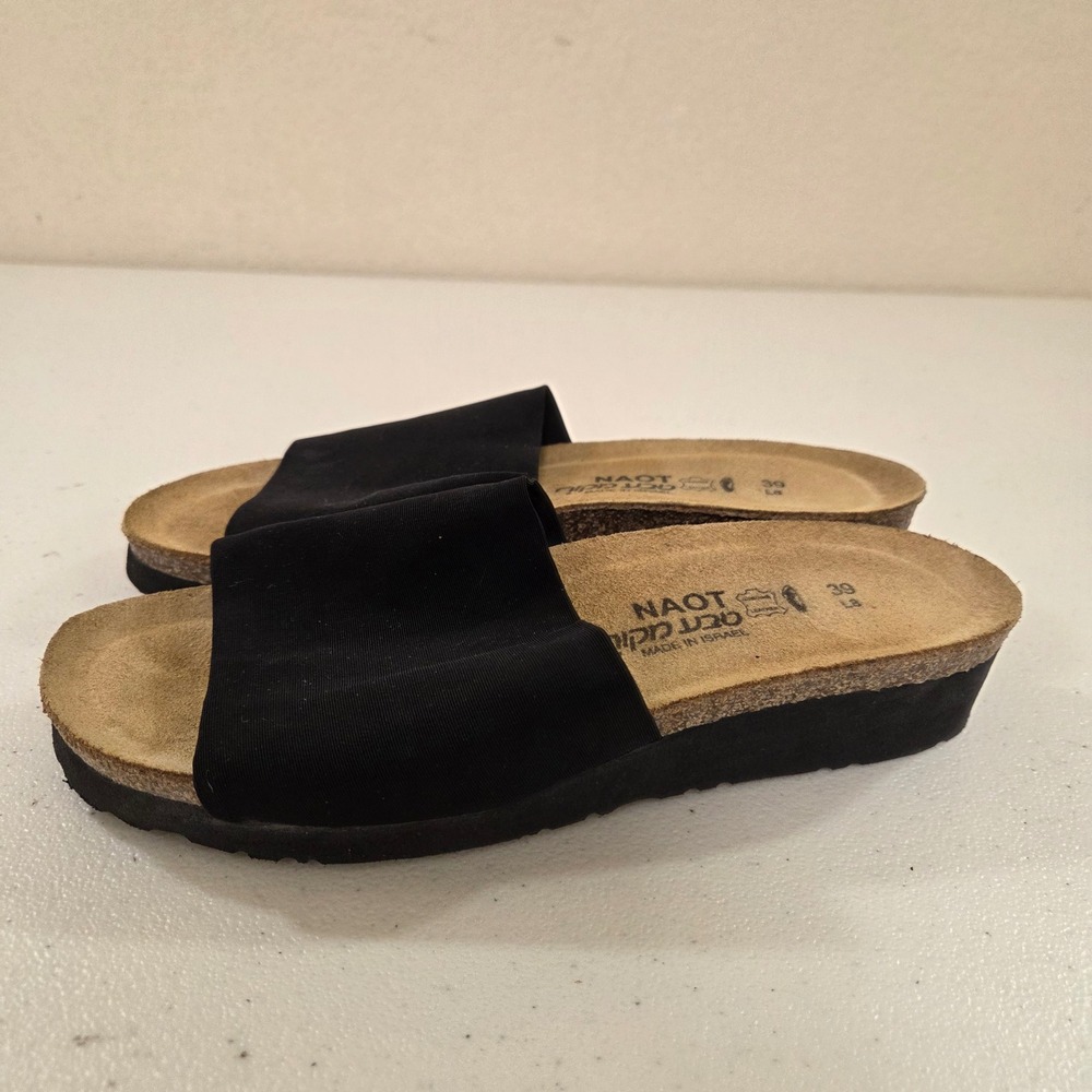 Naot Black Fabric Slide Sandals Cork Footbed Wedge Women 39 L8 Made in Israel
